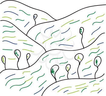 Line art of trees and mountains in different colors like black green and blue vector color drawing or illustration 