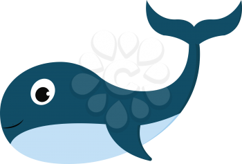 Clipart of a smiling blue-colored whale while swimming has a streamlined torpedo-shaped body with fins curved backward and a big round eye vector color drawing or illustration 