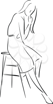 The silhouette of a beautiful woman in free hair is seated on a chair with her chin leaning on her right-hand looks with surprise vector color drawing or illustration 
