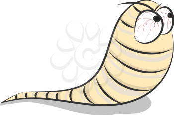 A peach-colored cartoon worm with its body segmented represented as black-colored stripes has antennae and two bulging eyes with obvious red nerves vector color drawing or illustration 