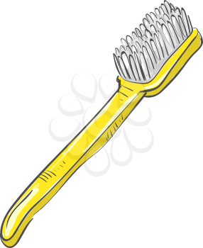 A cartoon yellow toothbrush with white bristles is ready to clean human teeth vector color drawing or illustration 