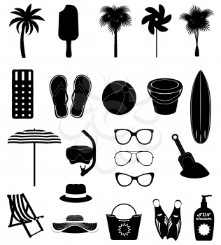 beach leisure objects black outline silhouette stock vector illustration isolated on white background