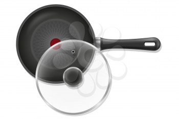frying pan with transparent cover for fry food on fire stock vector illustration isolated on white background