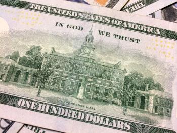 Independence Hall engraving on American one hundred dollar bill back side with building
