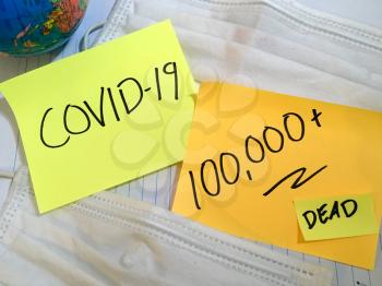 Coronavirus COVID-19 infection medical cases and deaths numbers. China COVID respiratory disease influenza virus statistics hand written on surgical mask and earth globe background