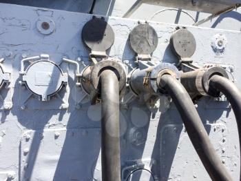 Electric communications cable rubber grommets on USS Iowa naval warship destroyer battleship