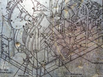 Blueprint mechanical drawing machine schematic outlines background chaos concept on USS Iowa naval warship destroyer battleship