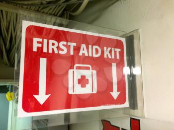 Red Emergency first aid kit pictogram sign on USS Iowa naval warship destroyer battleship