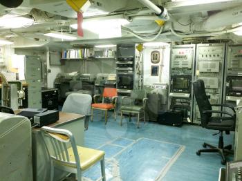Electronics communications center on vintage WWII battleship on USS Iowa naval warship destroyer