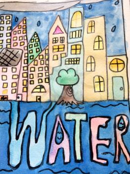 Childrens painting cityscape saving water with tree and blue sky