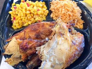 flame broiled bbq chicken with rice and corn el pollo loco style