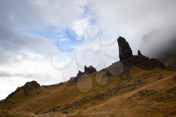 The old man of storr covered with fog, Skye, Scotland, UK