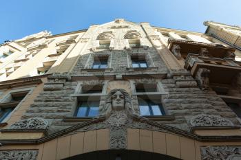 Riga, Latvia - 24 August 2019: Facade of Neiburgs Hotel