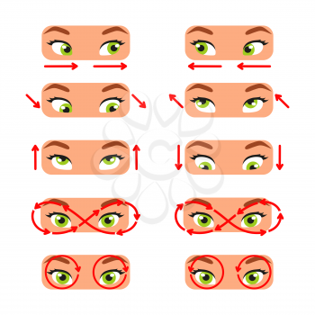 A set of exercises for the eyes. For better vision, relaxation, stretching, focus, training the eye muscles. Cartoon style. Color vector illustration isolated on white background.
