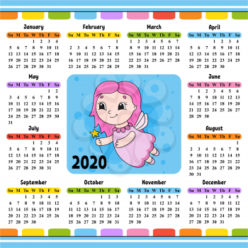 Young tooth fairy in a dress with wings and a magic wand. Calendar for 2020 with a cute character. Fun and bright design. Isolated color vector illustration. Cartoon style.