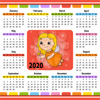 Fairy young girl in a dress with wings and a magic wand. Calendar for 2020 with a cute character. Fun and bright design. Isolated color vector illustration. Cartoon style.