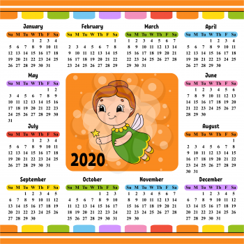 Elderly tooth fairy in a dress with wings and a magic wand. Calendar for 2020 with a cute character. Fun and bright design. Isolated color vector illustration. Cartoon style.