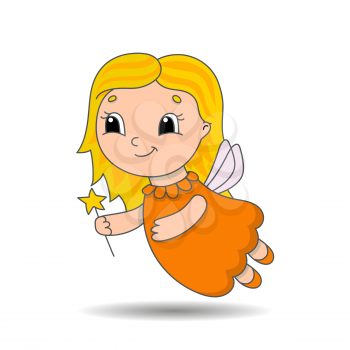 Young tooth fairy in a dress with wings and a magic wand. Cute character. Colorful vector illustration. Cartoon style. Isolated on white background. Design element.