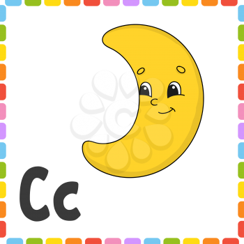 Funny alphabet. Letter C - crescent. ABC square flash cards. Cartoon character isolated on white background. For kids education. Developing worksheet. Learning letters. Color vector illustration.