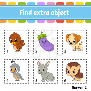 Find extra object. Educational activity worksheet for kids and toddlers. Game for children. Happy characters. Simple flat isolated vector illustration in cute cartoon style.