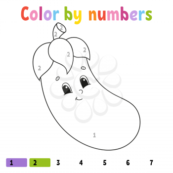 Color by numbers eggplant. Coloring book for kids. Vegetable character. Vector illustration. Cute cartoon style. Hand drawn. Worksheet page for children. Isolated on white background.