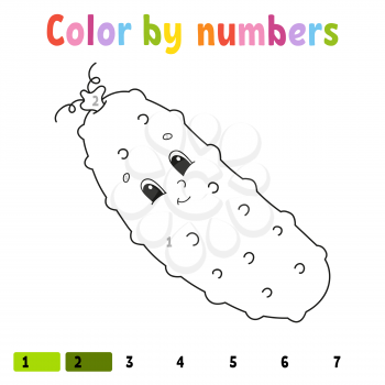 Color by numbers cucumber. Coloring book for kids. Vegetable character. Vector illustration. Cute cartoon style. Hand drawn. Worksheet page for children. Isolated on white background.