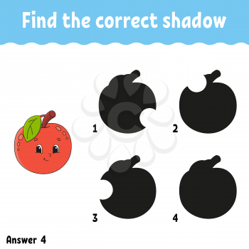 Find the correct shadow apple. Education developing worksheet. Matching game for kids. Activity page. Puzzle for children. Cartoon character. Isolated vector illustration.