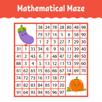 Vegetable eggplant, pumpkin. Mathematical square maze. Game for kids. Number labyrinth. Education worksheet. Activity page. Puzzle for children. Cartoon characters. Color vector illustration.