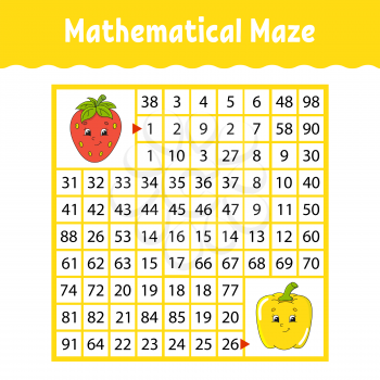 Vegetable pepper, strawberry. Mathematical square maze. Game for kids. Number labyrinth. Education worksheet. Activity page. Puzzle for children. Cartoon characters. Color vector illustration.
