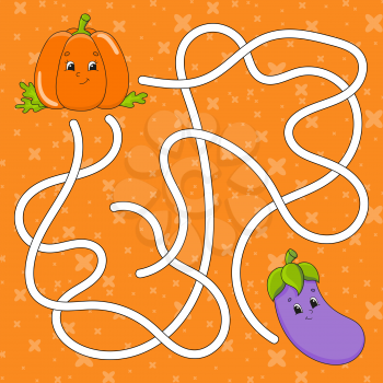 Vegetable eggplant, pumpkin. Maze. Game for kids. Labyrinth conundrum. Education developing worksheet. Puzzle for children. Activity page. Cartoon character. Color vector illustration.