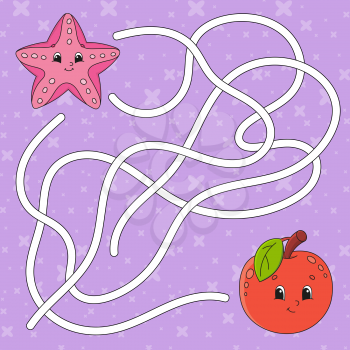 Fruit apple, sea starfish. Maze. Game for kids. Labyrinth conundrum. Education developing worksheet. Puzzle for children. Activity page. Cartoon character. Color vector illustration.