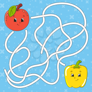 Vegetable pepper, fruit apple. Maze. Game for kids. Labyrinth conundrum. Education developing worksheet. Puzzle for children. Activity page. Cartoon character. Color vector illustration.