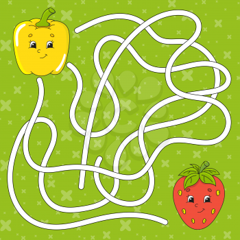 Vegetable pepper, strawberry. Maze. Game for kids. Labyrinth conundrum. Education developing worksheet. Puzzle for children. Activity page. Cartoon character. Color vector illustration.