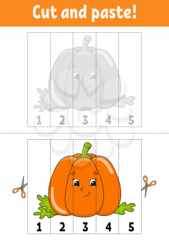 Learning numbers 1-5. Cut and glue. Pumpkin character. Education developing worksheet. Game for kids. Activity page. Color isolated vector illustration. Cartoon style.