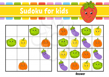 Sudoku for kids. Education developing worksheet. Vegetable, fruit. Cartoon character. Color activity page. Puzzle game for children. Logical thinking training. Isolated vector illustration.