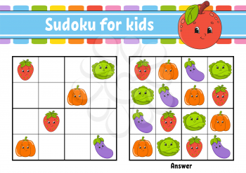 Sudoku for kids. Education developing worksheet. Vegetable, fruit. Cartoon character. Color activity page. Puzzle game for children. Logical thinking training. Isolated vector illustration.