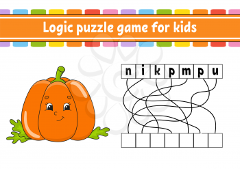 Logic puzzle game. Learning words for kids. Vegetable pumpkin. Find the hidden name. Worksheet, Activity page. English game. Isolated vector illustration. Cartoon character.