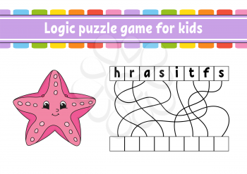 Logic puzzle game. Learning words for kids. Sea starfish. Find the hidden name. Worksheet, Activity page. English game. Isolated vector illustration. Cartoon character.