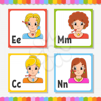 English alphabet. Letter E, M, C, N. ABC square flash cards. Cartoon character isolated on white background. For kids education. Developing worksheet. Learning letters. Color vector illustration.