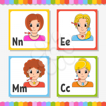 English alphabet. Letter N, E, M, C. ABC square flash cards. Cartoon character isolated on white background. For kids education. Developing worksheet. Learning letters. Color vector illustration.