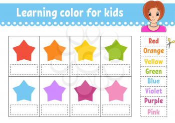 Learning color for kids. Education developing worksheet. Color stars. Activity page with color pictures. Riddle for children. Isolated vector illustration. Pretty girl. Funny character. Cartoon style.