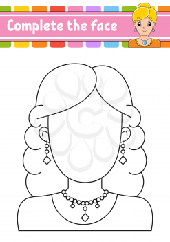 Worksheet complete the face. Coloring book for kids. Cheerful character. Vector illustration. Cute cartoon style. Fantasy page. Pretty girl. Black contour silhouette. Isolated on white background.