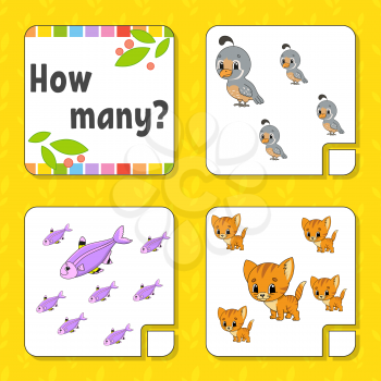 Counting game for children. Happy characters. Learning mathematics. How many object in the picture. Education worksheet. With space for answers. Isolated vector illustration in cute cartoon style.