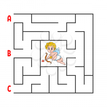 Square maze. Game for kids. Puzzle for children. Cartoon character cupid. Labyrinth conundrum. Color vector illustration. Find the right path. The development of logical and spatial thinking.