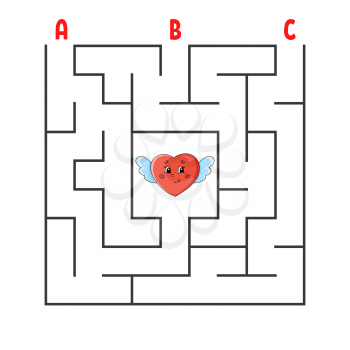 Square maze. Game for kids. Puzzle for children. Cartoon character heart. Labyrinth conundrum. Color vector illustration. Find the right path. The development of logical and spatial thinking.