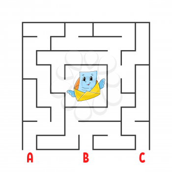 Square maze. Game for kids. Puzzle for children. Cartoon character envelope. Labyrinth conundrum. Color vector illustration. Find the right path. The development of logical and spatial thinking.