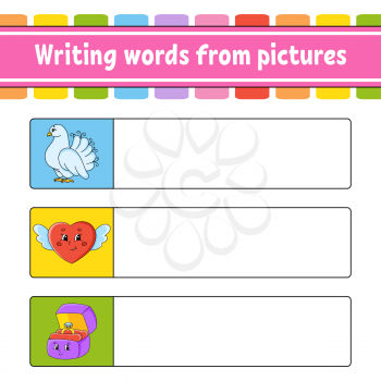 Writing words from pictures. Dove, heart, ring box. Education developing worksheet. Activity page for kids. Puzzle for children. Isolated vector illustration. Cartoon characters.