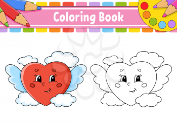 Coloring book for kids. A loving heart with wings flies in the clouds. Cartoon character. Vector illustration. Black contour silhouette. Isolated on white background.