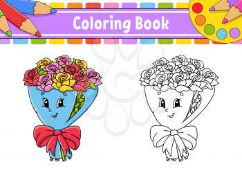 Coloring book for kids. Bouquet of flowers roses on wrapping paper with bow. Cartoon character. Vector illustration. Black contour silhouette. Isolated on white background.