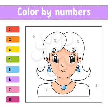 Color by numbers. Beautiful girl. Activity worksheet. Game for children. Cartoon character. Vector illustration.